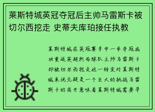 莱斯特城英冠夺冠后主帅马雷斯卡被切尔西挖走 史蒂夫库珀接任执教